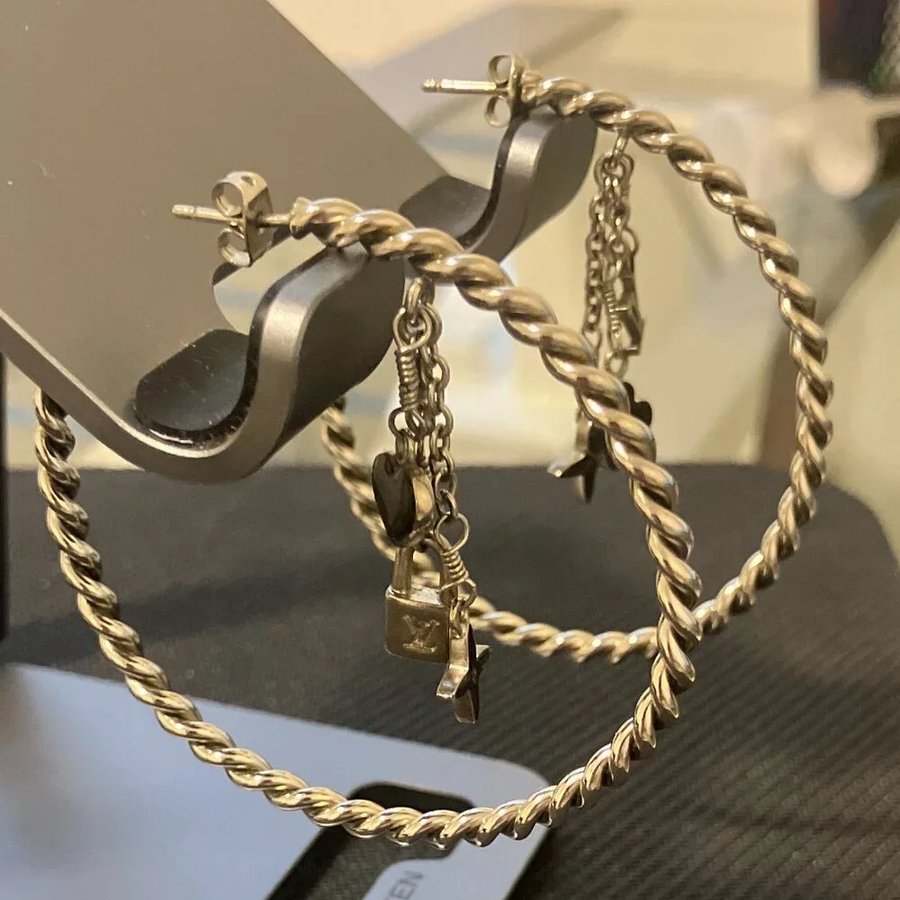 Louis Vuitton Silver Hoop Earrings Sweet Monogram Large Authentic - Picture 2 of 6